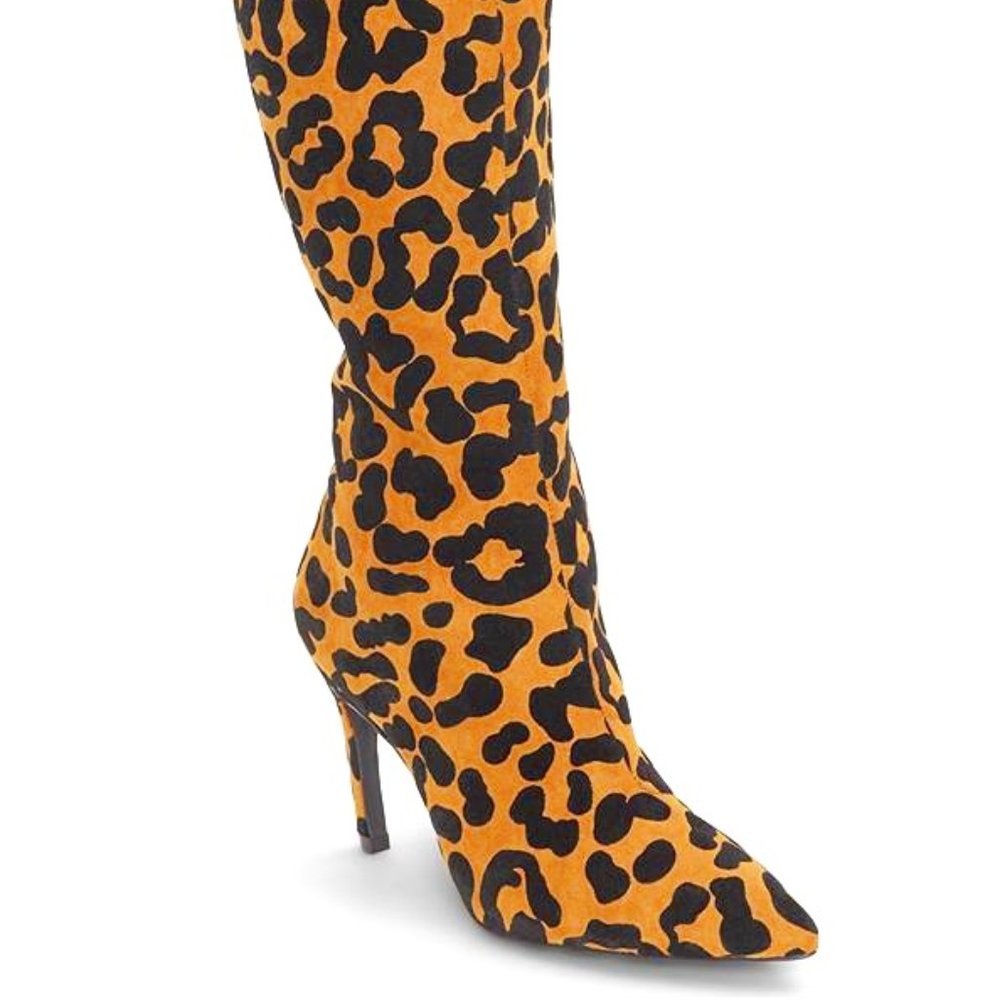 VENUS Leopard Print Knee-High Stiletto Boots in Orange and Black
